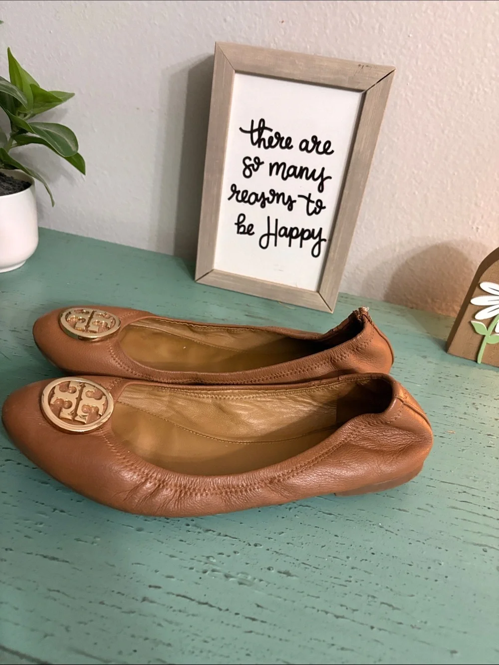 Tory Burch Tan Leather Ballet Flats with Gold Logo Medallion